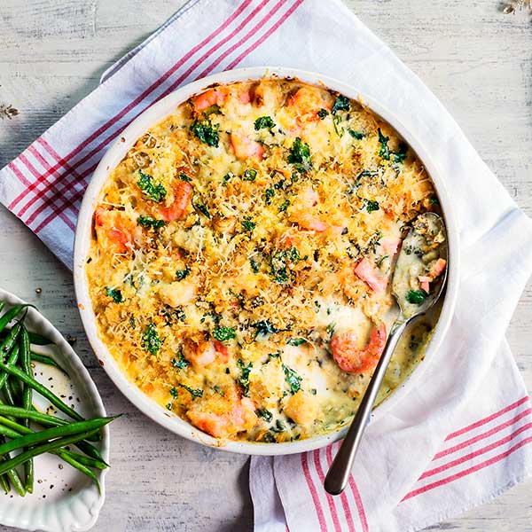 Salmon, Scallop And King Prawn Gratin