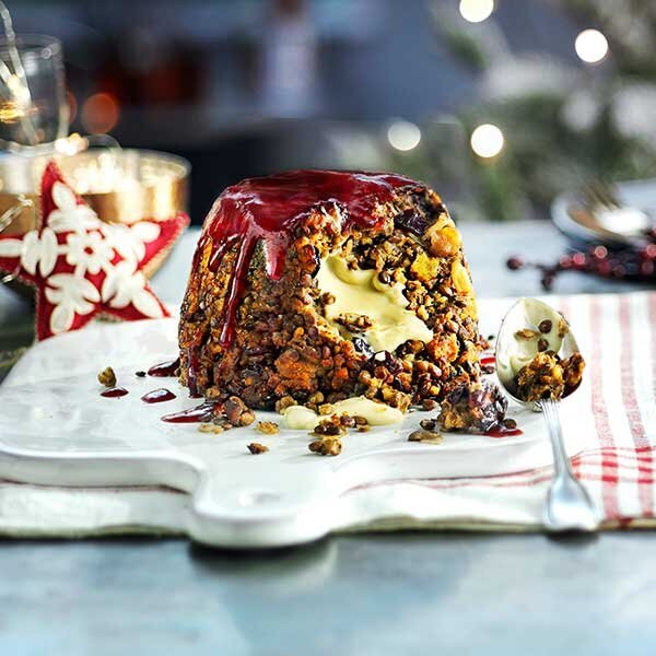 Walnut, Lentil And Stilton Melt-In-The-Middle Pudding With Redcurrant Sauce