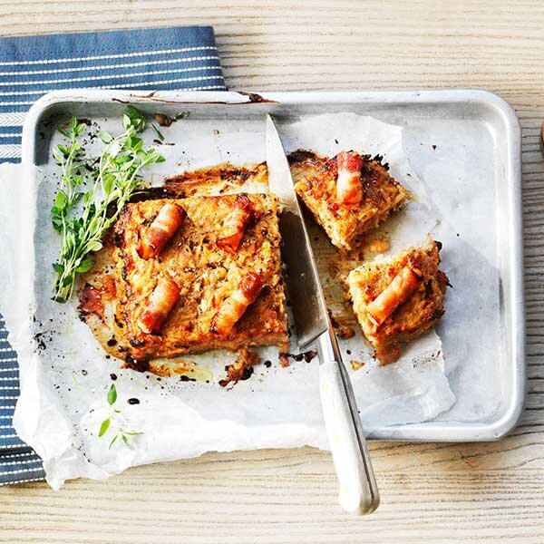 Roasted Parsnip And Apple Stuffing Slab With Bacon Curls