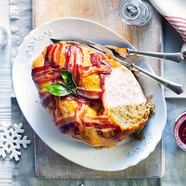Bronze Turkey Crown With A Pork, Sage And Onion Stuffing And Bacon Lattice