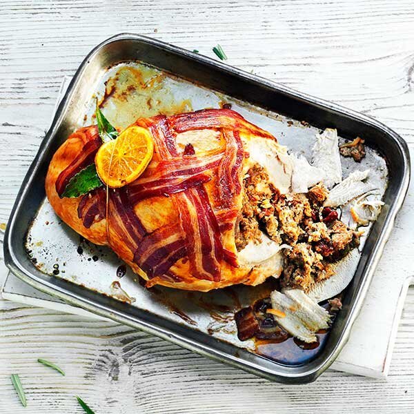 Bronze Turkey Crown With A Pork And Mulled Fruit Stuffing And Bacon Lattice