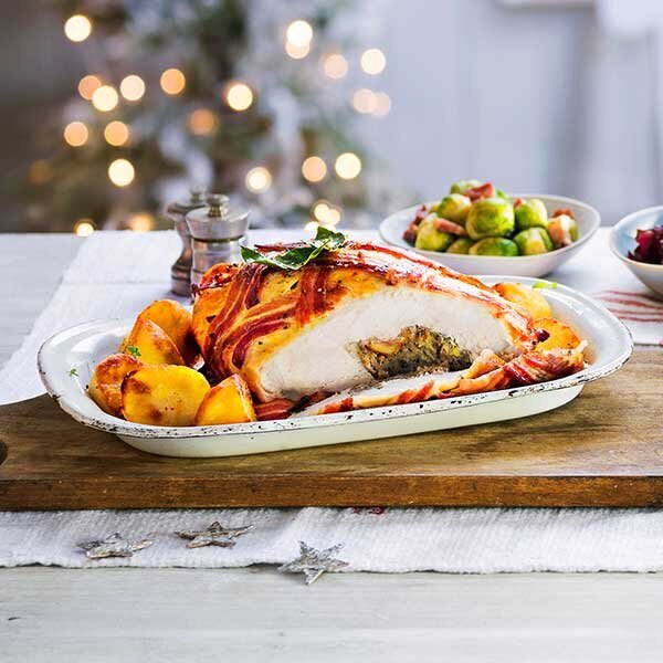 Bronze Turkey Joint With Pork And Chestnut Stuffing And Bacon Lattice